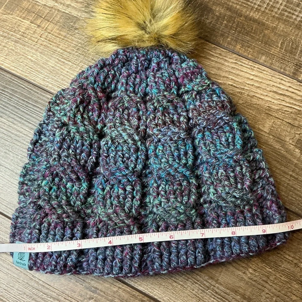 Cable Knit Crochet Beanie Hat Handcrafted With Faux Fur Pom Handmade Purple Blue